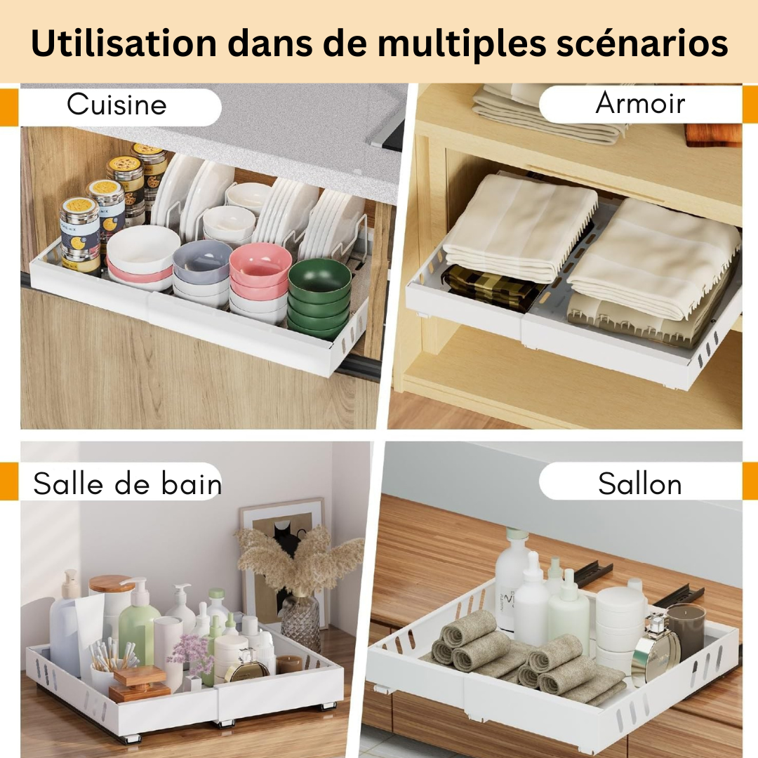 Organisateur d’Armoire Coulissant Ordomia – Tiroir Extractible Extensible Sans Perçage avec Adhésif pour Cuisine & Salle de Bain