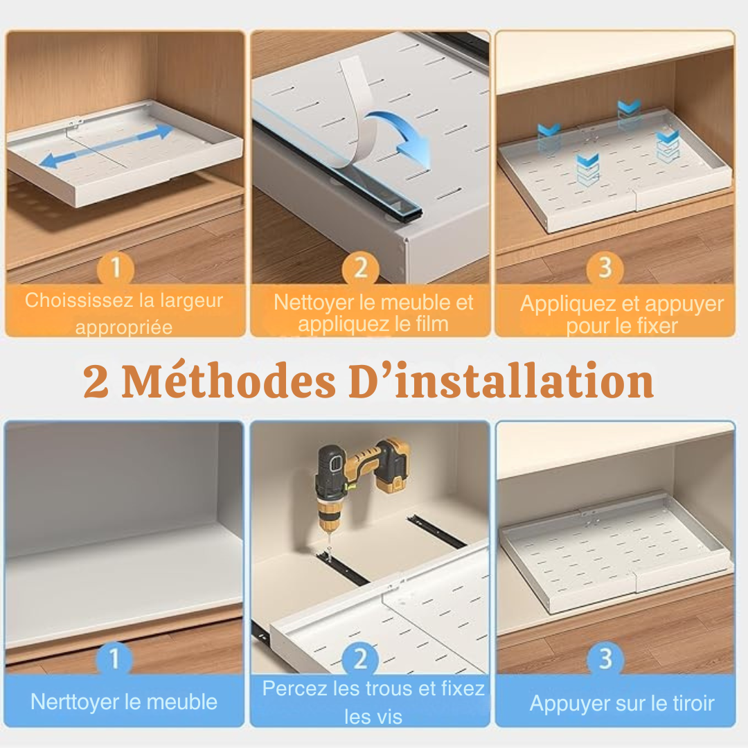 Organisateur d’Armoire Coulissant Ordomia – Tiroir Extractible Extensible Sans Perçage avec Adhésif pour Cuisine & Salle de Bain