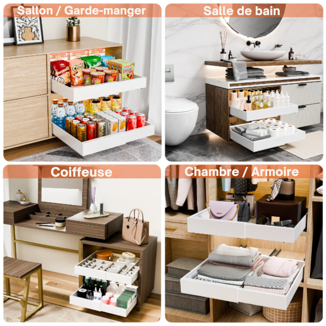 Organisateur d’Armoire Coulissant Ordomia – Tiroir Extractible Extensible Sans Perçage avec Adhésif pour Cuisine & Salle de Bain