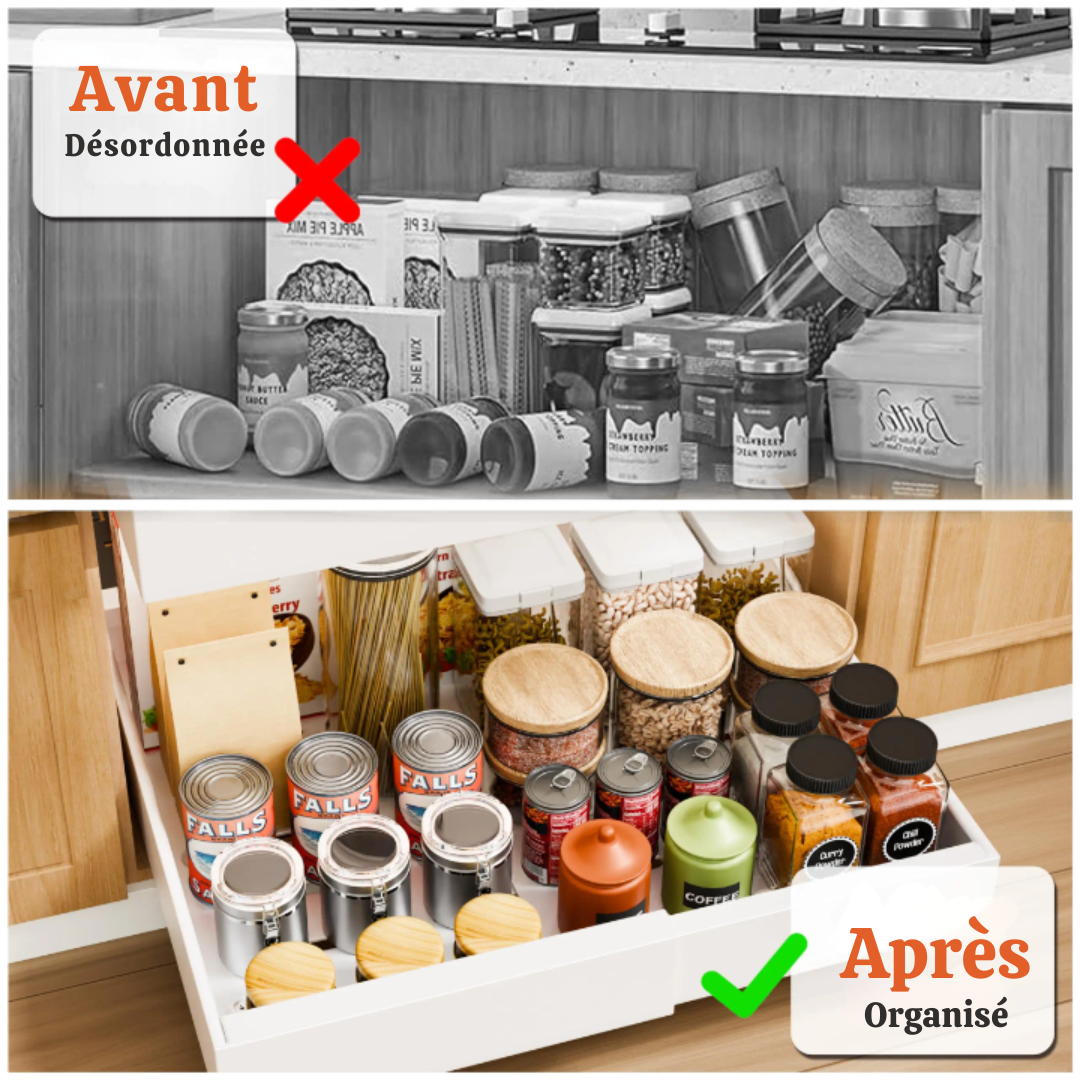 Organisateur d’Armoire Coulissant Ordomia – Tiroir Extractible Extensible Sans Perçage avec Adhésif pour Cuisine & Salle de Bain